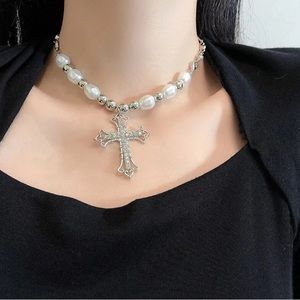Faux White Gold-color Necklace Hip Hop Punk Cross Pendant Handmade